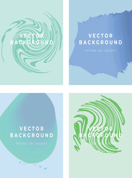 Abstract fluid vector background set, organic marble swirl and liquid gradient textures, 4 modern artistic cover templates in blue and green