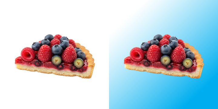 A single slice of fresh berry fruit tart with raspberries and blueberries isolated on white
