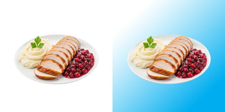 Roasted turkey slices with mashed potatoes and cranberry sauce on a white plate