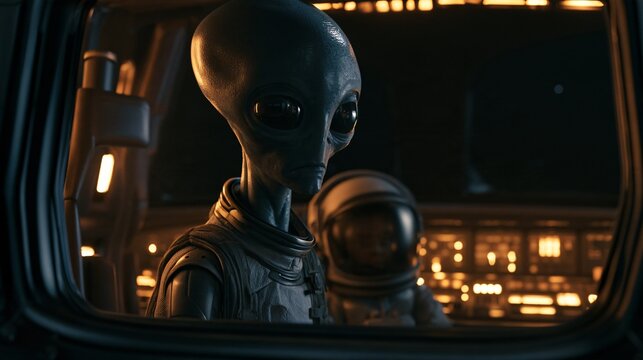 Medium shot of a slender alien figure with smooth grey-blue skin and large reflective eyes standing