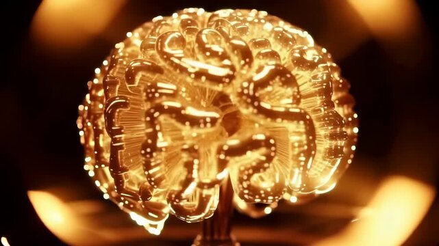 Glowing golden brain sculpture rotating slowly with intricate neural patterns and luminous highlights against a dark background, futuristic abstract technology concept, illuminated artistic object