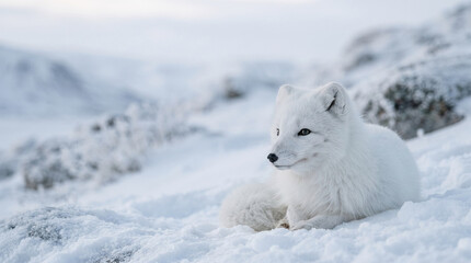 Fototapeta premium Arctic fox resting in snow covered winter landscape during daytime