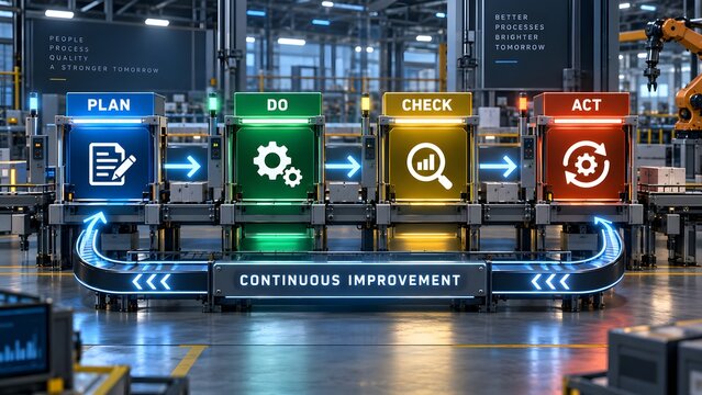 Industrial factory assembly line featuring glowing plan do check act continuous improvement process monitors