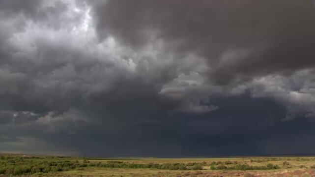 Dark storm clouds rolling across open grassland with a single lightning strike illuminating the horizon