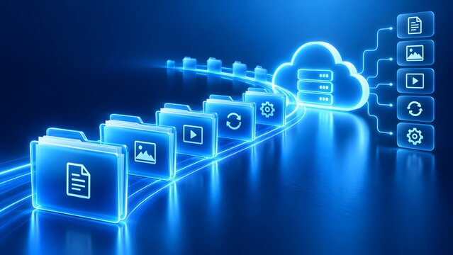 Cloud storage data migration concept with glowing digital folders traveling on light trail to network server