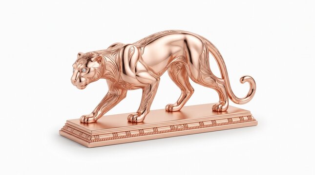 Rose gold panther statue on pedestal, metallic copper leopard sculpture, luxury wild cat figurine with polished chrome finish for interior decor isolated PNG with Transparent Background