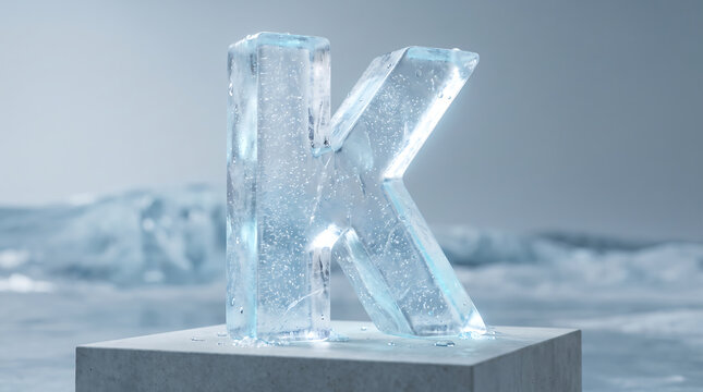 Three dimensional letter K carved from clear ice standing on a concrete pedestal