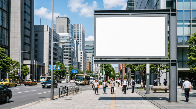 Rectangular blank white billboard mockup beside busy urban road pedestrians walking buses cars driving tall corporate buildings clear blue sky daytime