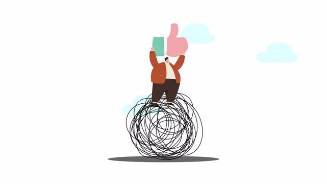 Man on tangled ball with thumbs up icon and book, social media feedback concept