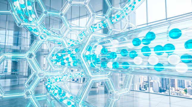 Transparent hexagonal glass pipes transporting glowing blue and white spheres across bright modern corporate office building interior bathed in natural morning sunlight