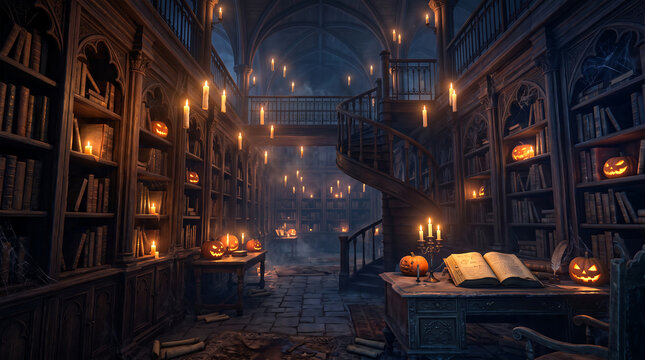 Haunted library interior with glowing jack-o-lanterns and floating candles at night