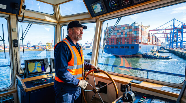 Serious mature male maritime captain steering wooden wheel inside navigation bridge cabin overlooking large blue container ship sailing through busy harbor