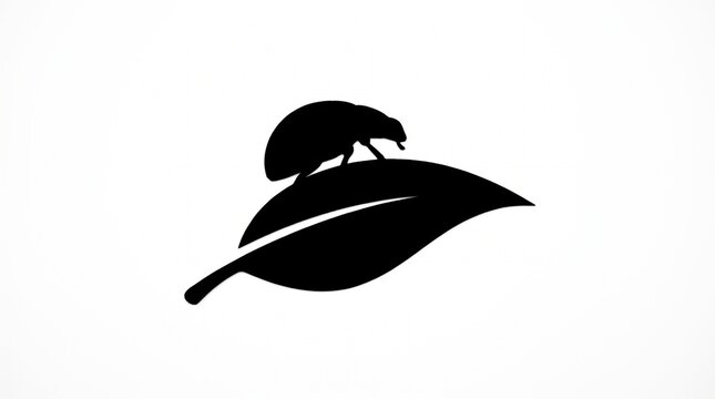 Black silhouette icon of a beetle on a leaf with white background