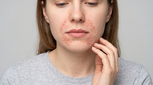 Young woman touching face with perioral dermatitis and red acne breakout rash around mouth