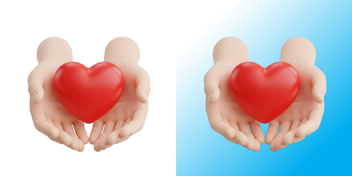 Two human hands holding a shiny red heart shape isolated on a white background