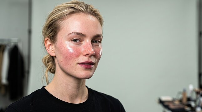 Portrait of young blonde woman with facial rosacea and sensitive red flushed cheeks