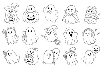 Obraz premium Cute Halloween ghost icons set line art coloring book vector illustration