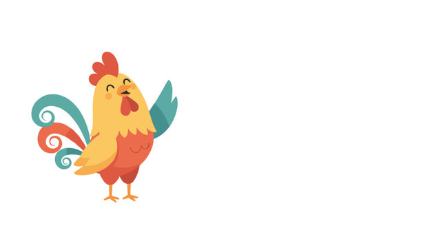 Charming cartoon rooster with colorful tail feathers standing and waving cheerfully on clean white background.