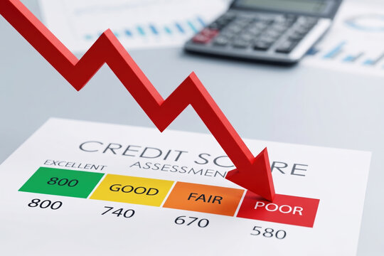 Credit score assessment showing decline, red arrow and poor rating with calculator for financial report