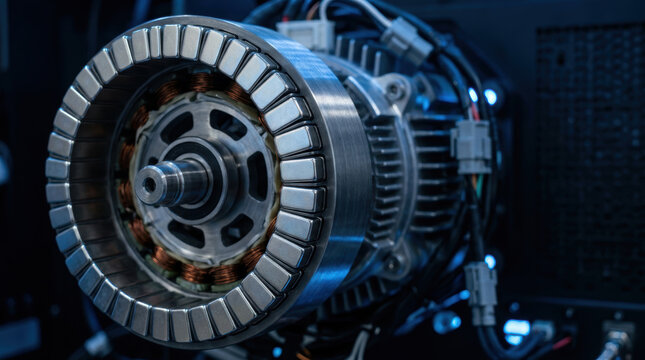 Electric drivetrain research motor with exposed copper winding and metallic rotor in dark laboratory setting