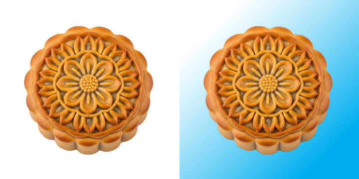 One single round traditional chinese mooncake with detailed floral pattern on white background