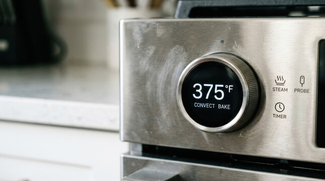 Modern home automation oven control panel with digital temperature display and steam cooking function
