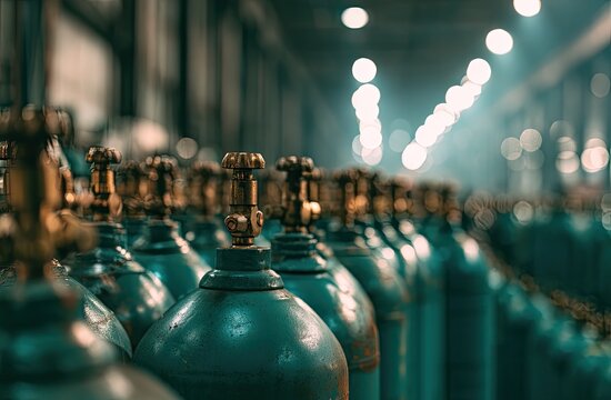 Industrial Gas Cylinders Lined Up in a Warehouse Storage Facility.