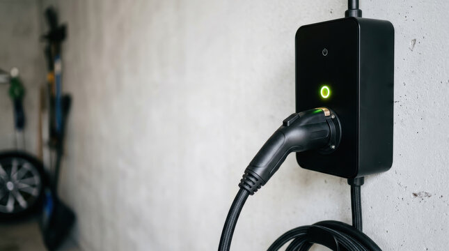 Electric vehicle charger supporting home automation with glowing green status light on concrete wall