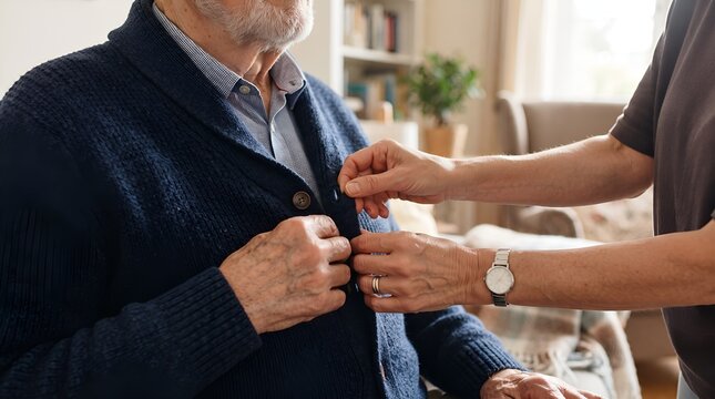 Professional Caregiver Helping Elderly Senior Adult Button Cardigan at Home During Daily Living Assistance