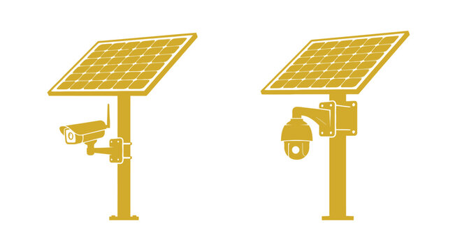 Solar panel with security camera golden vector illustration on white background