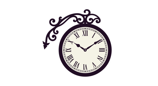Antique clock face with roman numerals and ornate flourish silhouette style