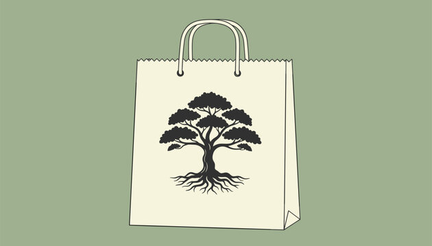 Ecological paper shopping bag printed with a black bonsai tree logo with roots on a muted green background.