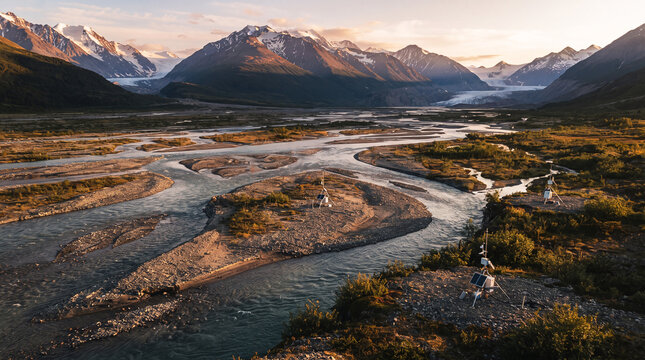 Wide glacial valley floor with braided river channels, temporary monitoring stations of minimal footprint placed at strategic points, late-afternoon light.