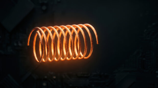 Electric copper coil supports drivetrain research with glowing wire and dark technology background
