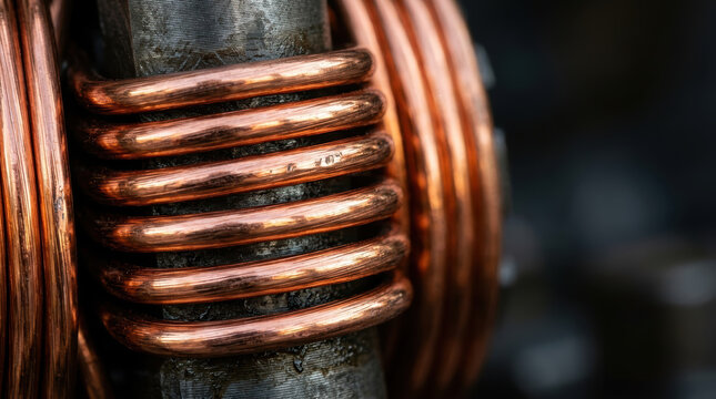 Copper coil electric drivetrain research component with polished tubing wrapped around dark cylindrical core for engineering study and industry use