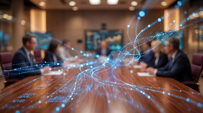 Business executives in meeting room with glowing fiber optic data transfer streams flowing over dark wooden conference table