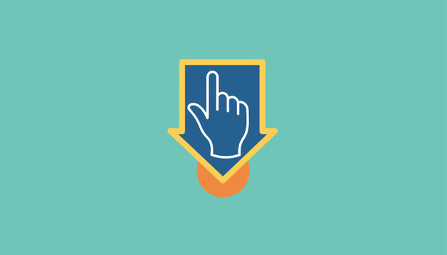 Click icon showing a blue arrow pointing down with a white clicking hand shape on a turquoise background.