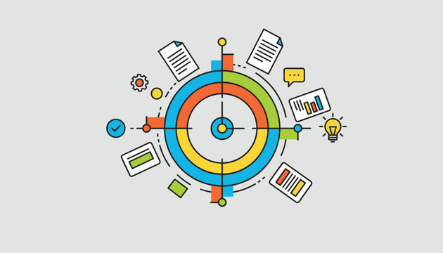 Circular business infographic diagram surrounded by document, chart, and bulb icons on a light grey background.
