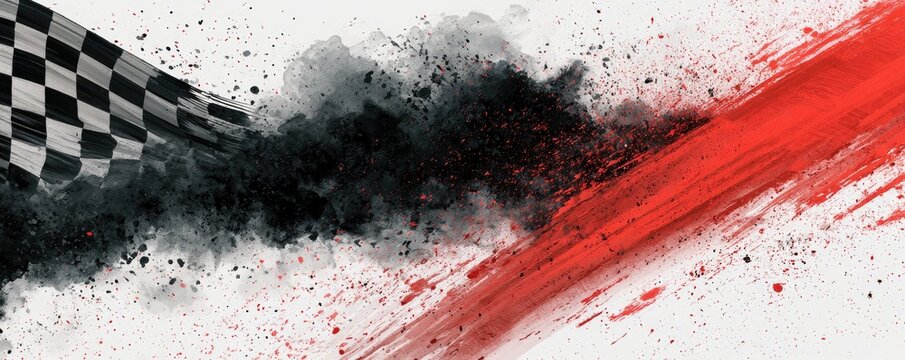 Abstract racing checkered flag with red and black paint splashes.