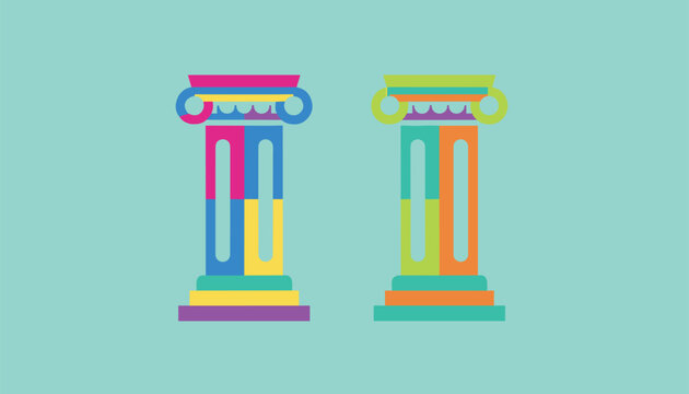 Two classical ancient Greek columns depicted in a vibrant modern color scheme over a solid turquoise background.