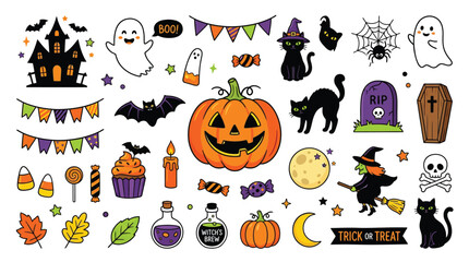 Obraz premium Vibrant halloween vector illustration set featuring cute spooky icons for seasonal autumn celebration graphic design projects