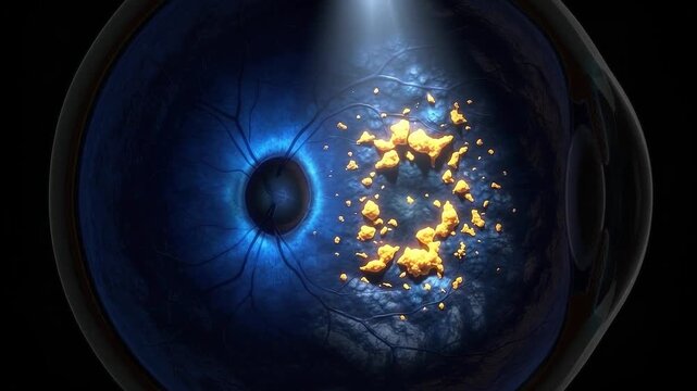 Medical illustration of Age-Related Macular Degeneration AMD showing glowing orange drusen protein deposits on the deep blue retina.