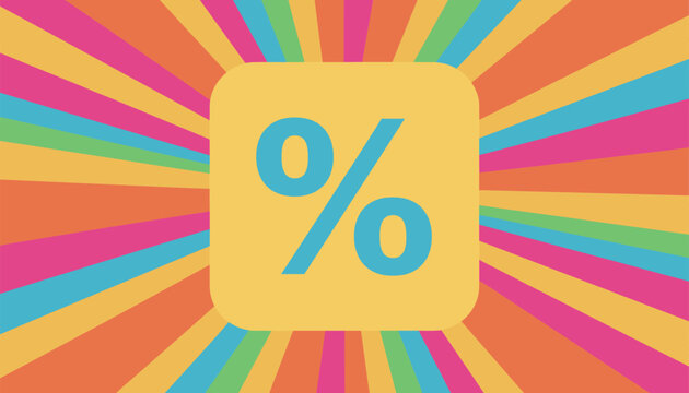 Bright percentage symbol inside a rounded yellow square against a colorful retro sunburst background with vibrant rays.