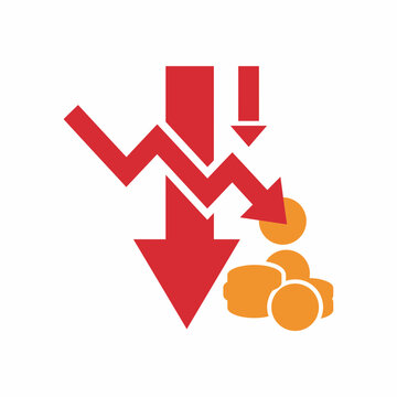 Red downward arrows and coins representing financial market crash