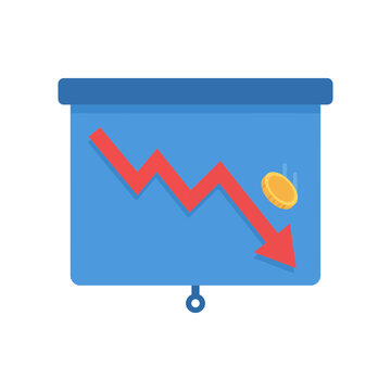 Financial presentation screen showing a red arrow pointing down