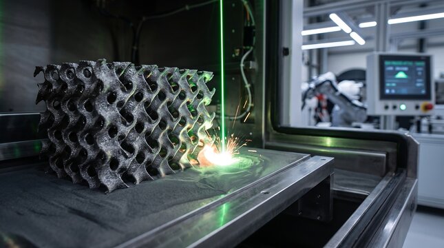 3d Printing Machine Fabricating a Titanium Part with a Bright Green Laser Beam. Industrial Additive Manufacturing Process.