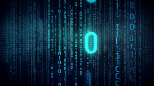 Glowing binary code streams scrolling through layered digital data columns with shifting cyan and red illumination, abstract computer technology background animation