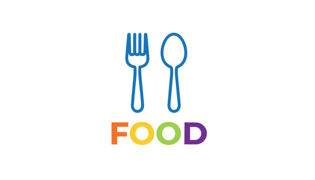 Simple line art logo of a blue fork and spoon with the word food written in colorful letters on white background.