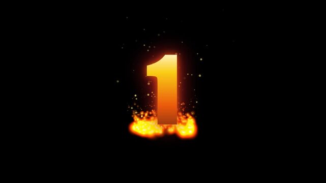 Fiery number one with burning flames and sparks, glowing orange digit 1 on black background, cinematic fire effect for countdowns and rankings