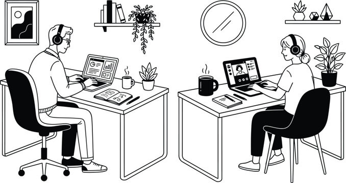 Line art illustration depicts two people working at desks with laptops and headphones remote work work from home